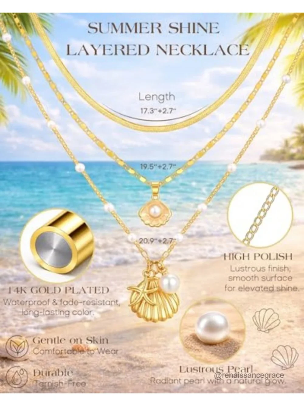 3-Piece Layered Pearl Seashell Starfish Necklace Set 14K Gold Plated